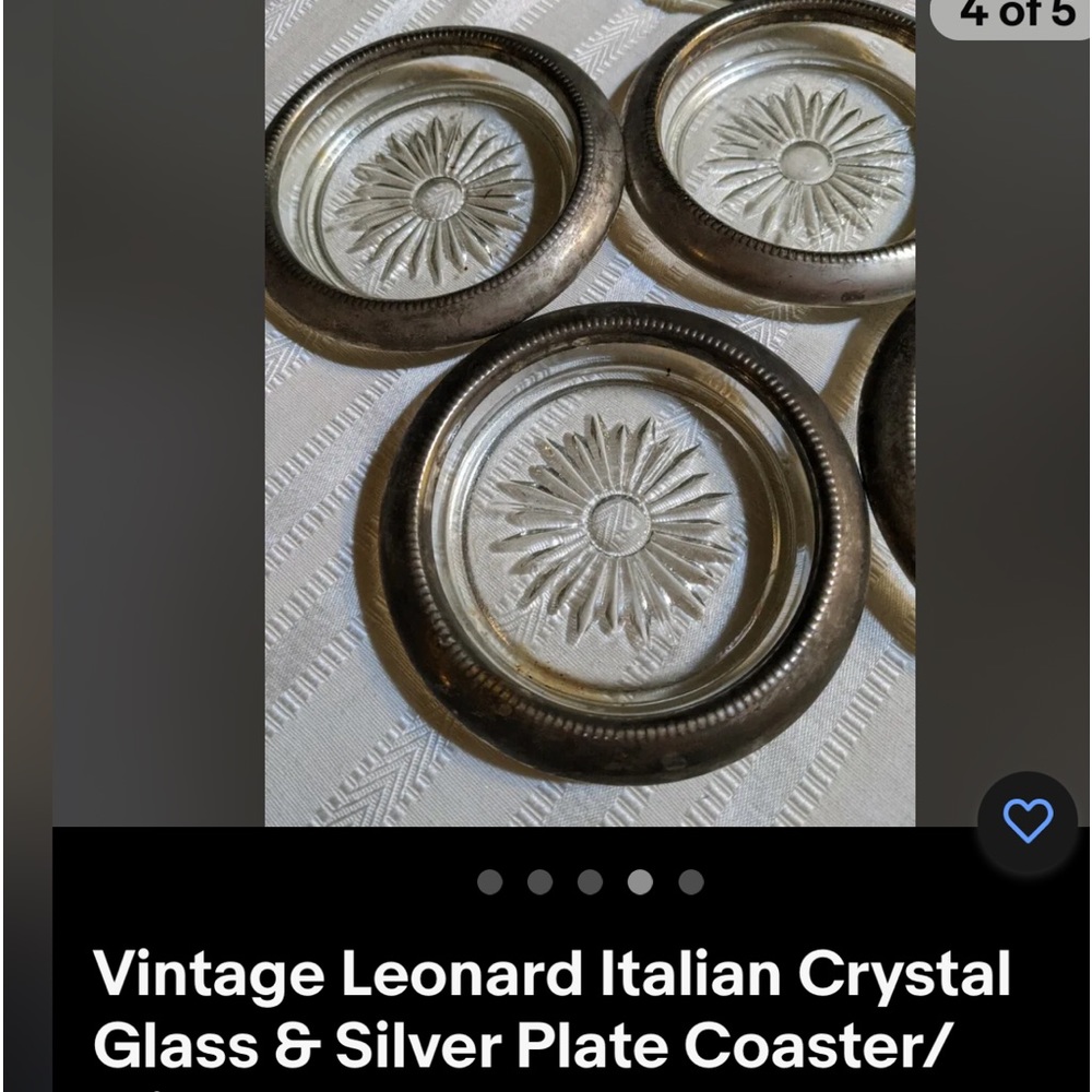 Vintage Coasters Leonard Italian Rim Cut Star Crystal Glass & Silver Coasters  3